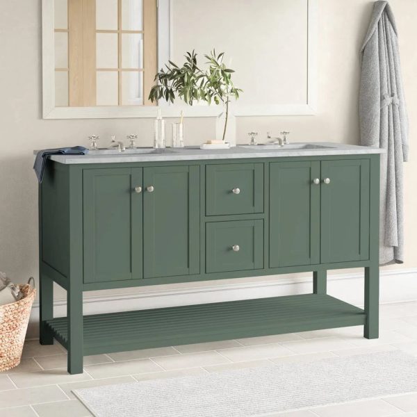 Binne 60" Double Bathroom Vanity Set Three Posts Base Finish: Sage Green, Top Finish: Engineered Carrara - MadeInUSA