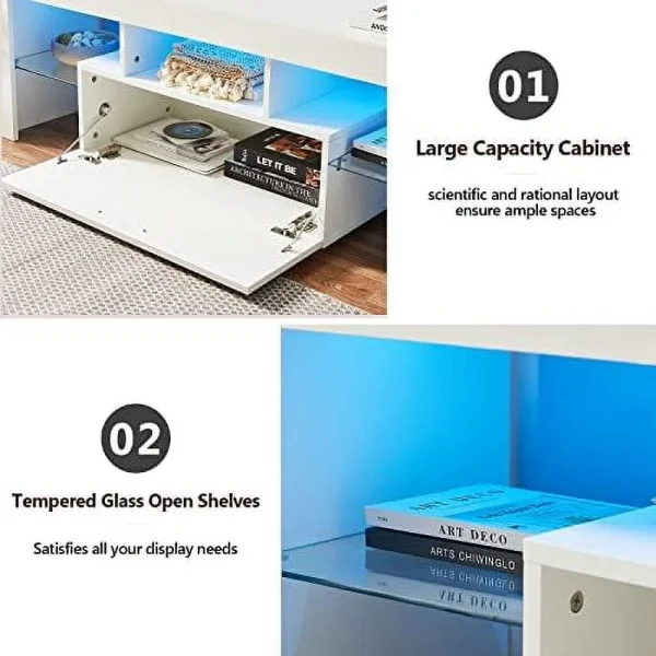 JYHOME TV Stand for 55+ 60 inch Tvs - White Morden TV Stand with LED Lights  High Glossy Entertainment Center with  Cabinet  LED Media Console Table Cabinet Desk for Living Room - MadeInUSA - Image 3