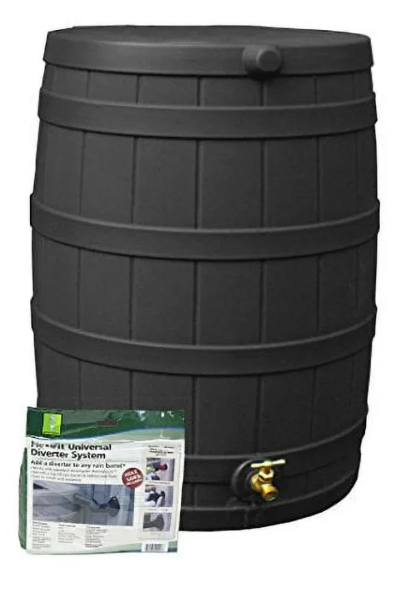 Good Ideas Rain Wizard Water Storage Rain Collection Barrel 50-Gallon w/Diverter Kit, Black - MadeInUSA - Image 2