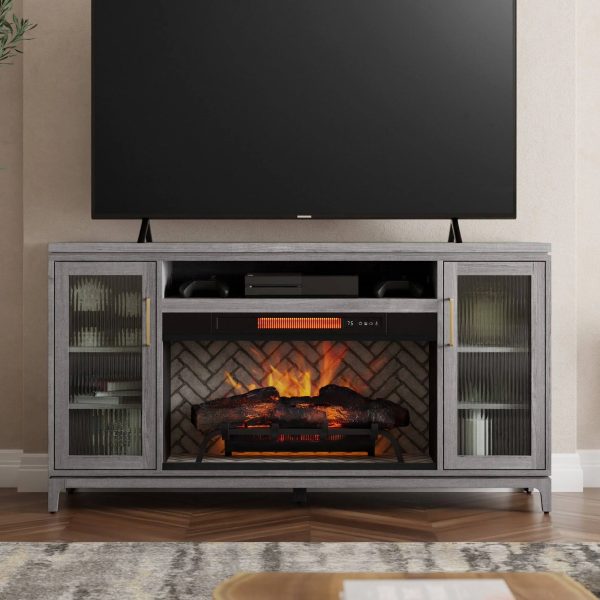 Gray 2265FM-36-331 Allen + Roth 66-inch W Mushroom Oak Infrared Quartz Electric Fireplace - MadeInUSA