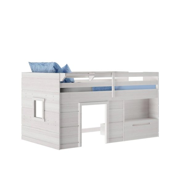 Max & Lily Modern Farmhouse Low Loft Bed, Twin Bed Frame for Kids with 1 Drawer, White Wash - MadeInUSA - Image 3