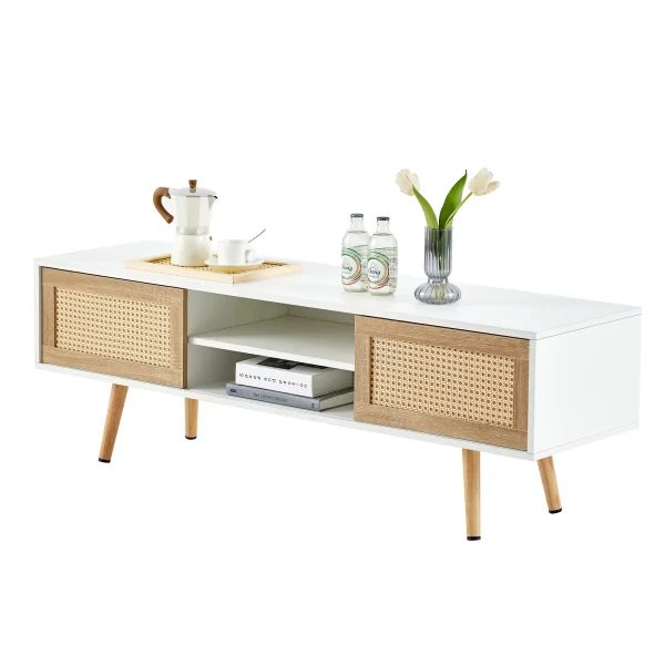 55.12"Rattan TV cabinet, double sliding doors for storage, adjustable shelf, solid wood legs, TV console for living room , White - MadeInUSA - Image 2