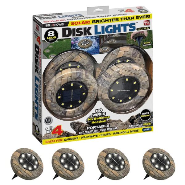 BellHowell 4Pack Disk Lights Stone 8Bulb 80Lumen 3Watt Auto OnOff Outdoor Camouflaged LED Lighting As Seen On TV 6000 K - MadeInUSA