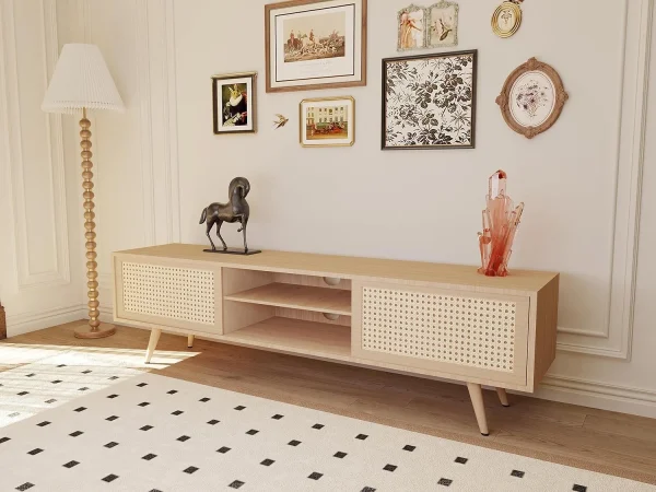 ZWNLKQG TV Stand  Modern Farmhouse Entertainment Center with   Rattan TV Console Sliding Door for   TV Console Table  Media Console Solid Wood Legs  Modern Table for Living Room - MadeInUSA - Image 5