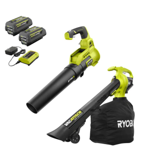RYOBI RY40451BL 40V Cordless 110 MPH 525 CFM Cordless Leaf Blower and Cordless Leaf VacuumMulcher w 2 Batteries and 2 Chargers - MadeInUSA