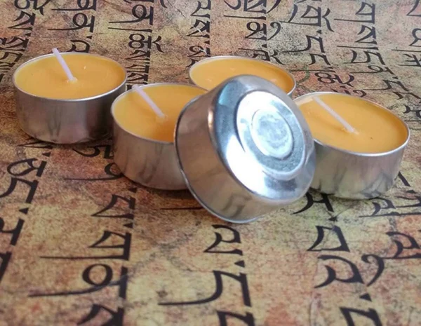 Buddhist Tealight Vanaspati Ghee Butter Lamp Candle 100 Pcs Set (Silver Alloy Case) (10) - MadeInUSA
