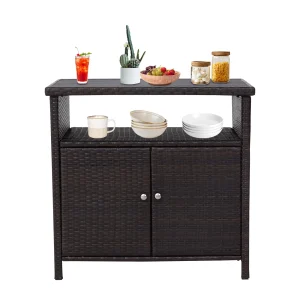 Kinbor Outdoor Wicker Storage Cabinet, Patio Bar Tables with Two Doors & Shelves, Weatherproof Storage Console Table for Patio Pool Garden Kitchen, Dark Brown - MadeInUSA