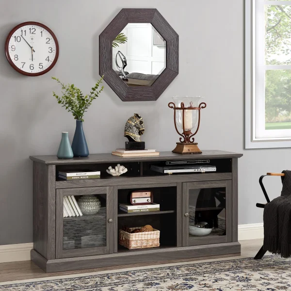 Contemporary TV Media Stand Modern Entertainment Console for TV Up to 65"with Open and Closed Storage Space, Dark Walnut/Black, 60"W*15.75"D*29"H - MadeInUSA - Image 2
