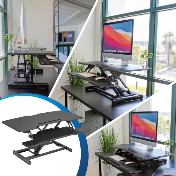 YiSHOP Electric Standing Desk Converter with 38"Tabletop, Height Adjustable Sit Stand Desk Riser, Motorized Desk Riser with Keyboard Tray and Device Slot, Fits Monitor & Laptop, Black - MadeInUSA - Image 4