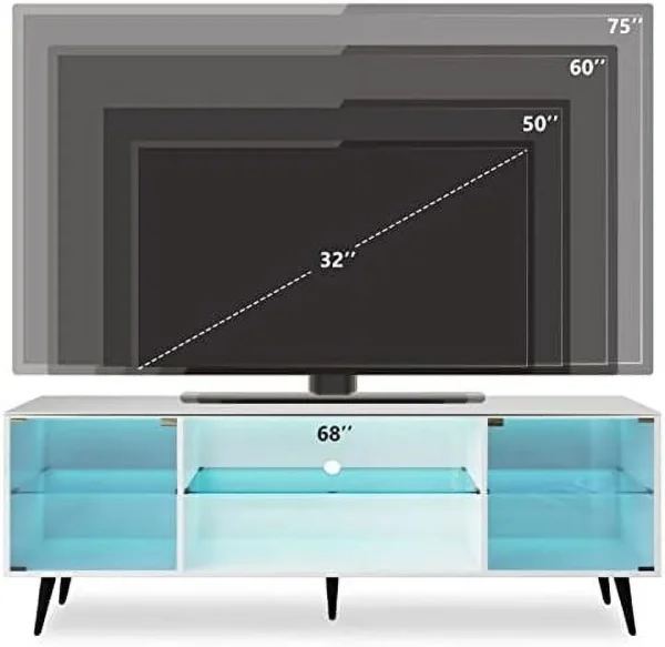 NLTBONNIE 70 Inch LED TV Stand for 75 Inch TV  Modern Entertainment Center with LED Light  High Gloss White TV Console Table with  Cabinets and Open Shelves for Living Room  Bedroom - MadeInUSA - Image 5