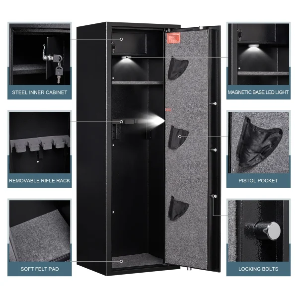 Foorsun Biometric Fingerprint Long Gun Safe, 4~5 Gun Cabinets for Rifles and Shotguns, Long Gun Cabinet for Home with Adjustable Support Frame, Ammo Storage Box and Pistol Bag - MadeInUSA - Image 3