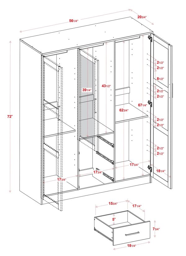 100% Solid Wood Cosmo 3-Door Wardrobe with Raised Panel Doors, Gray - Palace Imports 7115D - MadeInUSA - Image 8
