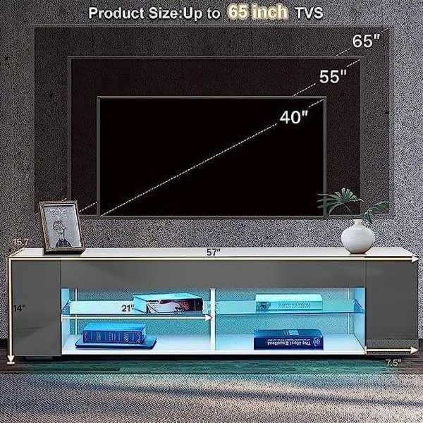 NLTBONNIE LED TV Stand for 65 Inch TVs Modern Low Profile Entertainment Center with LED Lights 57 Inch Small TV Console Media Table with Glass Shelves Hidden Side Bookshelf for Living Roo - MadeInUSA - Image 5