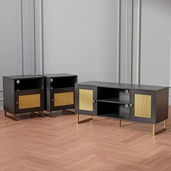 TQNLKGZ Rattan TV Stand for 50/55 inch TV  Entertainment Center with Golden Legs and Metals  Modern TV Console Table with Adjustable Shelves  TV Media Console for Living Room  Bedroom  Bl - MadeInUSA - Image 7