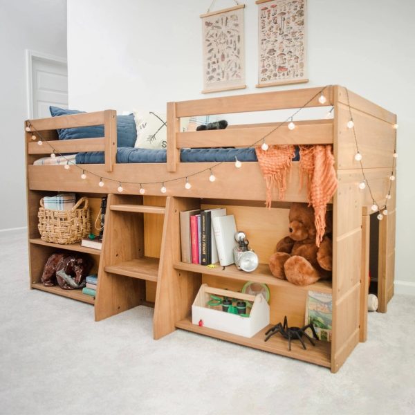 Max & Lily Modern Farmhouse Low Loft Bed, Twin Bed Frame for Kids with 2 Bookcases, White Wash - MadeInUSA - Image 2