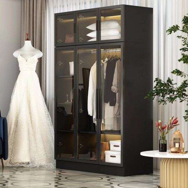 Lighted Modern Glass Door Wardrobe Armoire with Ample Storage - 47.2" Black - MadeInUSA - Image 8