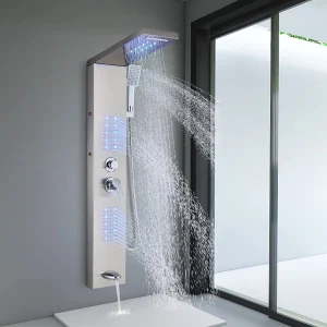 Zovajonia LED Shower Panel Tower System, 6-Functions Stainless Steel Shower Tower Waterfall ShowerheadShower Jets, Rain Shower System Brushed Nickel - MadeInUSA