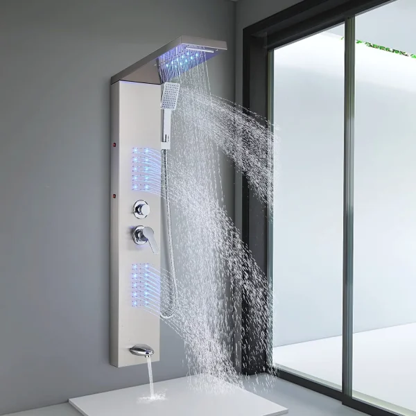 Zovajonia LED Shower Panel Tower System, 6-Functions Stainless Steel Shower Tower Waterfall ShowerheadShower Jets, Rain Shower System Brushed Nickel - MadeInUSA
