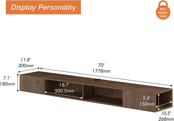 FDIGLUL 70in TV Stand Entertainment Center Media Console  Wall Mounted  Media Console Cabinet for  for 65/70/75 Inch TVs  Brown - MadeInUSA - Image 8