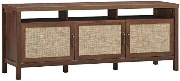 TQNLKGZ Mid-Century Modern TV Stand   Style TV Entertainment Center  TV Console Table w/3 Rattan Doors  Open   Interior Adjustable  Shelves  for TVs up to 65 Inches  Grey Oak - MadeInUSA - Image 5