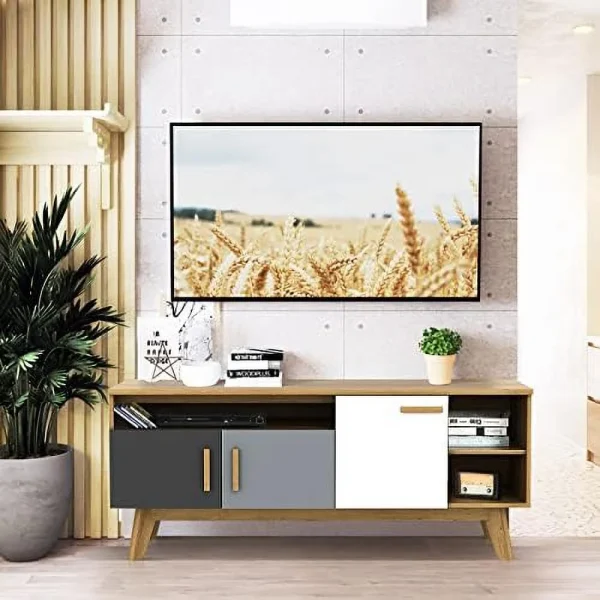 TJBOLIFE Modern TV Stand  Wood TV Console Table for TVs up to 65 Inch  Entertainment Center with 3  Cabinets &amp; 3 Open Shelves  Media Console TV Cabinet for Living Room Bedroom (Natura - MadeInUSA - Image 2