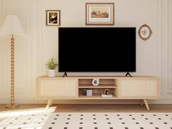 ZWNLKQG TV Stand  Modern Farmhouse Entertainment Center with   Rattan TV Console Sliding Door for   TV Console Table  Media Console Solid Wood Legs  Modern Table for Living Room - MadeInUSA - Image 4