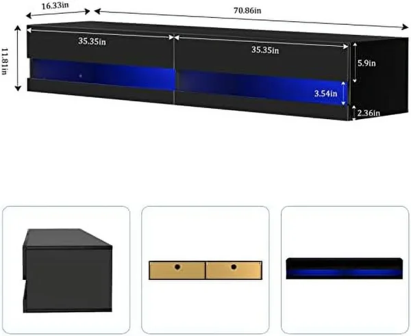 TQNJYGX Black Floating TV Stand Wall Mounted with LED Light  High Gloss LED TV Stand with   71" Modern Media Console Floating TV Cabinet for Living Room Bedroom  Black - MadeInUSA - Image 2