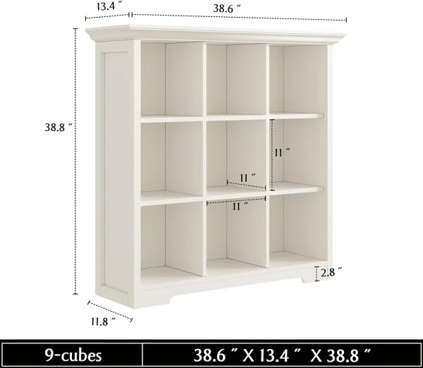 QINBI Wooden Cube Shelf Bookcase - Modern 3 Tiers Floorstanding Open Bookshelf with Base for Home and Office, 9 Cubes Storage Cabinet, Warm White - MadeInUSA - Image 3
