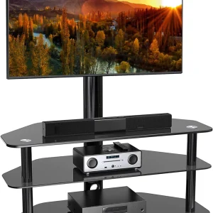 STCVF Swivel Corner Floor TV Stand with Mount for 32 37 43 47 50 55 60 65 inch  Curved Screen TVs  Adjustable 3-Tier Tempered Glass  Television Stand with Cable Management  Max VESA 600X4 - MadeInUSA