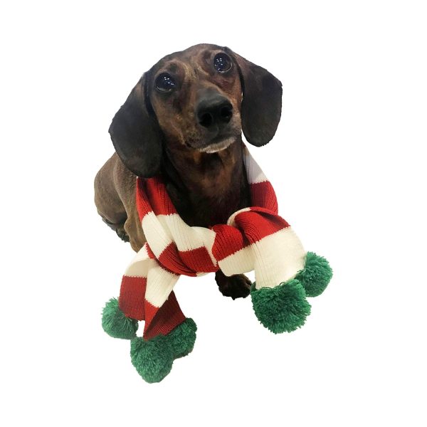 Midlee Christmas Striped Dog Scarf- Red/White & Green Pom Pom - Image 6