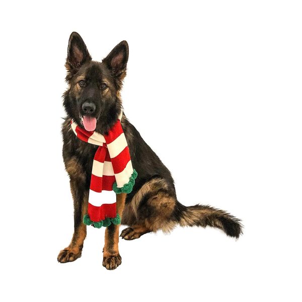 Midlee Christmas Striped Dog Scarf- Red/White & Green Pom Pom - Image 7